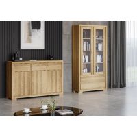 Drewmax - CLASSIC ZESTAW | Komoda KD352 | Witryna KW352 | Litre drewno dębowe | Dąb naturalny | DOSTĘPNY OD RĘKI
